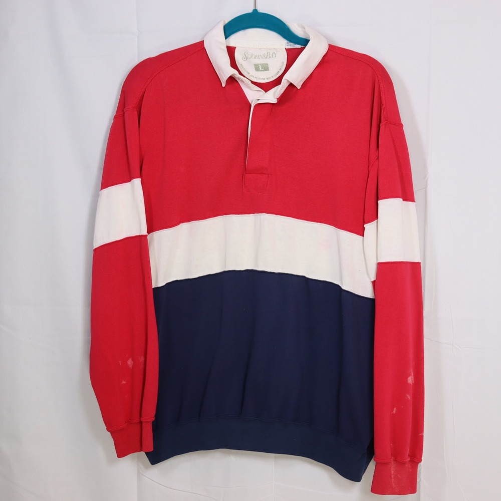 St. John's‎ Bay Rugby Shirt Mens XL Red White Blue Colorblock Long Sleeve Polo